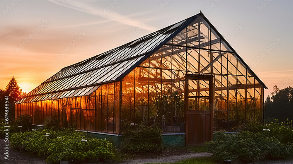 Obraz premium Front view of a greenhouse at sunset. Generative AI