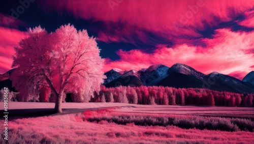 Beautiful pink infrared landscape panorama with cloudy sky © Vitaliy