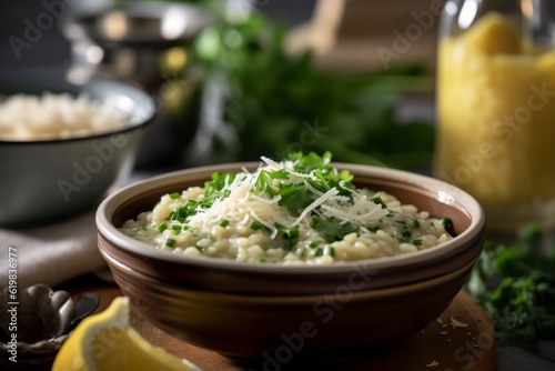 Risi e Bisi with freshly grated Parmesan cheese and a garnish of parsley