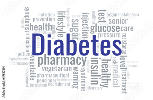Illustration in the form of a cloud of words related to the Diabetes.