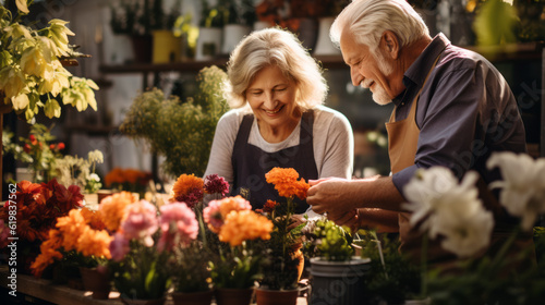 Heartwarming portrait captures the pure joy of a happy elderly couple amidst the colorful beauty of the flowers they lovingly grow in their garden © eugenegg