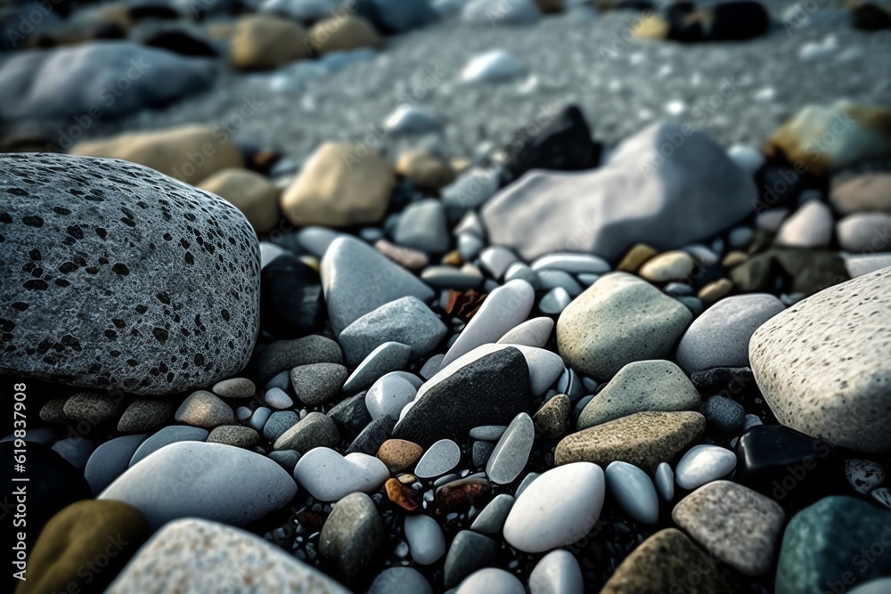 Pebble beach background. Smooth round wet pebbles texture background. Pebble sea beach close-up. Generative AI Pebble beach background. Smooth round wet pebbles texture background. Pebble sea beach close-up. Generative AI