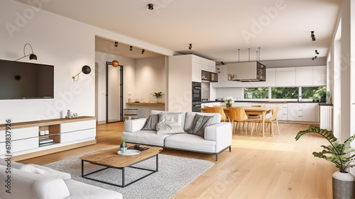 Contemporary open plan kitchen with dining table set and gray sofa in light spacious room. Generative AI