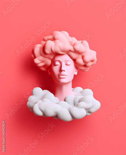 Generative AI illustration of dreamy woman made of clouds closing eyes on pink background photo