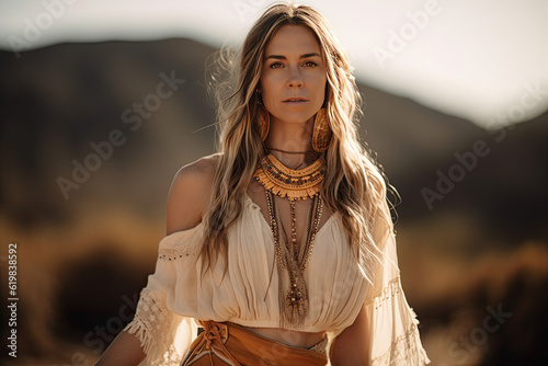 Generative AI illustration of self assured young female with long blond hair in bohemian style clothes and accessories looking at camera in nature