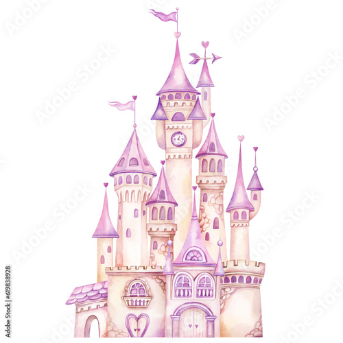 Pink magical castle. Fairytale watercolor hand painted illustration isolated on white background. Ideas for baby shower invitation, kids greeting cards, girls nursery decoration