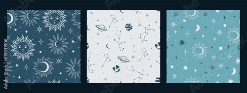 Set of starry seamless patterns in blue colors. Vector graphics.