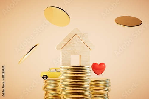 The concept of life insurance, cars, homes. DLM, a car and a heart on stacks of coins. 3D render photo