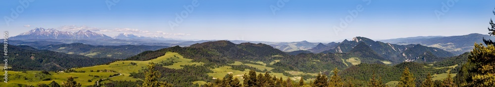 A beautiful panorama of the Pieniny Mountains and the Tatra Mountains. View from Wysoki Wierch, on the border of Poland and Slovakia.