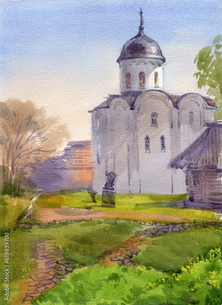 Watercolor illustration of  lanscape with old russian church.