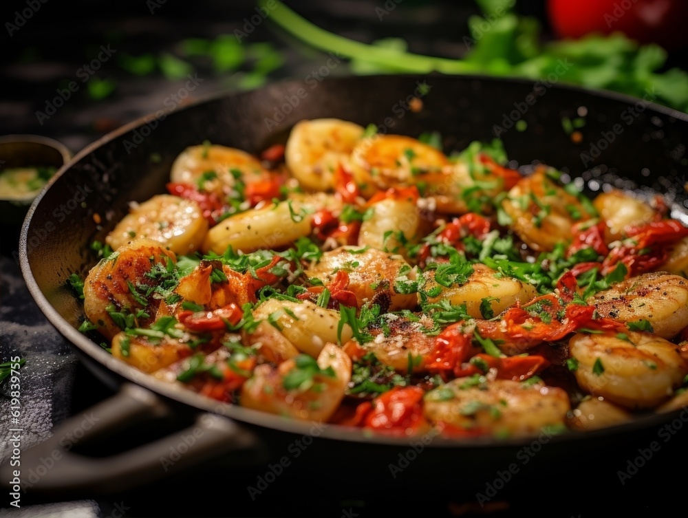 Gamberetti all'Aglio with garlic, parsley, and red pepper flakes, served in a skillet