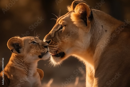 A mother lioness affectionately shows tenderness and love towards her cute cubs during a heartwarming moment, queen of the jungle, mighty wild animal in nature, grasslands and savannah, generative AI