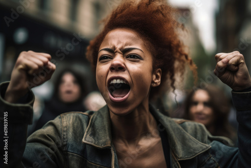 Generative AI futuristic illustration of black female activist protesting racism and demanding human rights defense in big crowd of people on city street photo