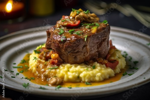 Ossobuco alla Milanese served on a plate with saffron risotto and garnished with gremolata