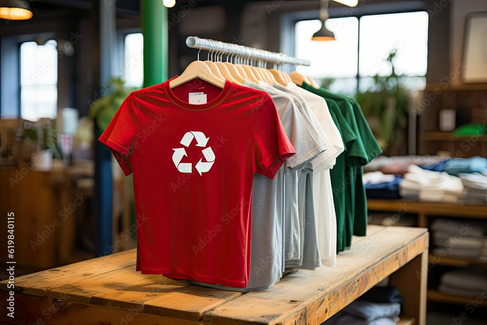 Recycled Tshirts at a store, Climate change global warming recycling concept, ESG 2050 Carbon Neutrality goals