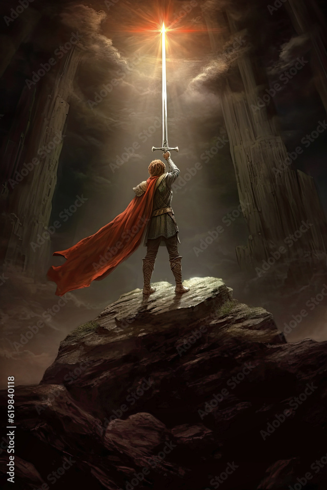 King Arthur lifts Excalibur. Story from Arthurian legend of the boy who