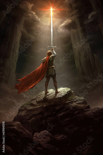 King Arthur lifts Excalibur. Story from Arthurian legend of the boy who became King by claiming the sword from the stone. Digital illustration. photo