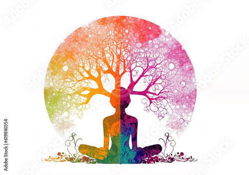 Human meditating, merging with nature, large tree in background, radical colors, contour, white background