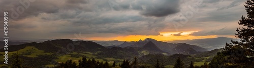 Beautiful panorama of the Pieniny Mountains. Sunset over Three Crowns Peak