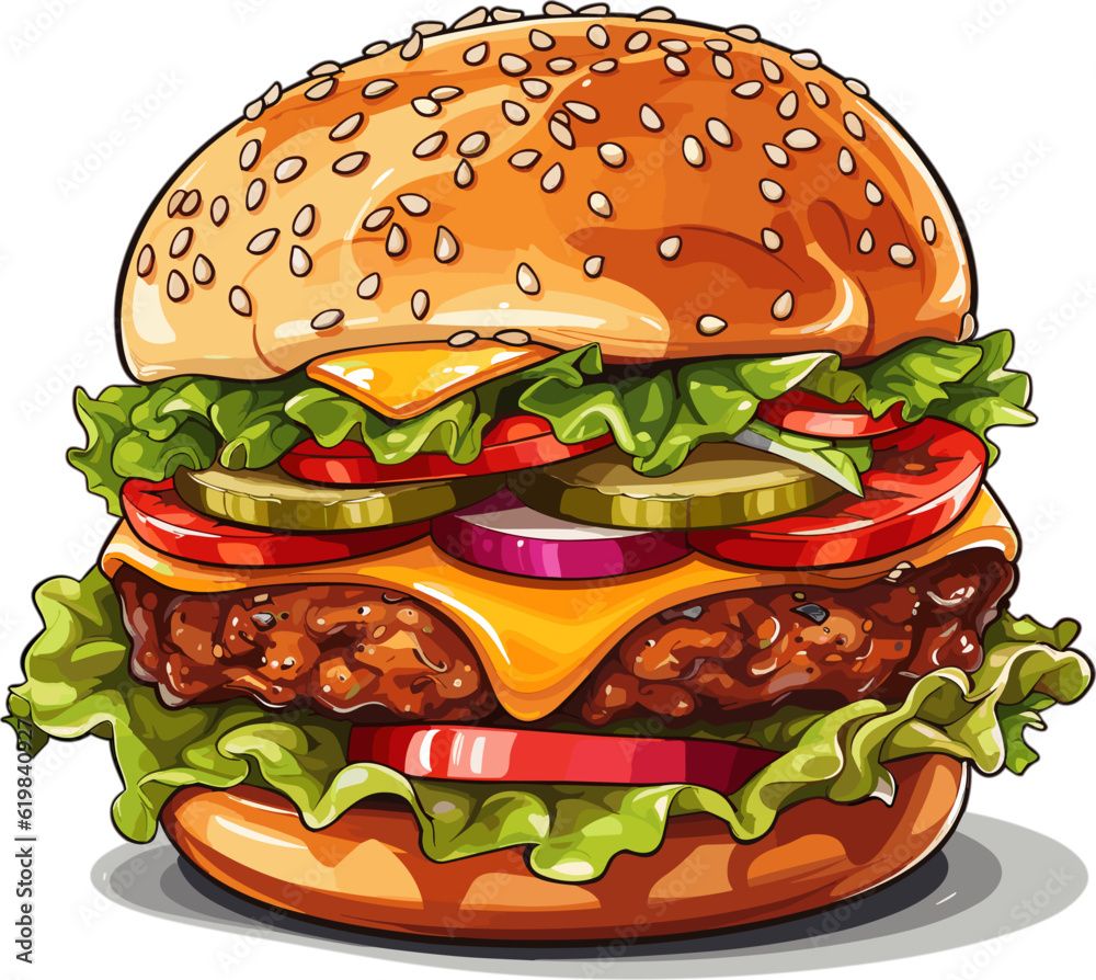 Illustration of a great delicious burger with melted cheese, lettuce, tomatoes and meat. Unhealthy food illustrations suitable for articles or presentation elements clipart.
