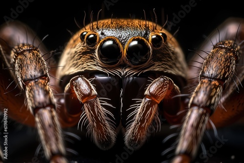 Captivating close-up of Wolf spider's mesmerizing eyes, revealing their keen vision- Generative AI
