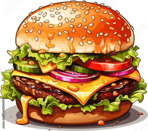 Illustration of a great delicious burger with melted cheese, lettuce, tomatoes and meat. Unhealthy food illustrations suitable for articles or presentation elements clipart.
