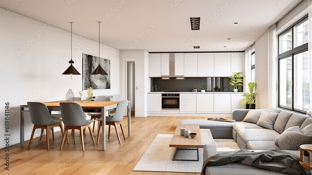 A Stylish Open Plan Kitchen and Dining Space with a Cozy Gray Sofa in a Light, Airy Room. Generative AI