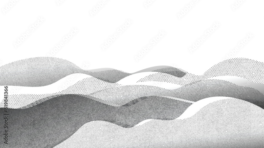 Abstract mountain background vector. Mountain landscape with line art pattern, dotted, pen, pencil lines, halftone. Grunge noise hills art wallpaper design for print, wall art, cover and interior. - obrazy, fototapety, plakaty 