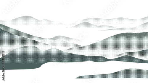 Abstract mountain background vector. Mountain landscape with fading dot effect, halftone, dot grunge texture. Black and white hills art wallpaper design for print, wall art, cover and interior.