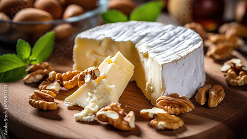 Fresh cheese with nuts on a wooden Board On a wooden background. Generative AI