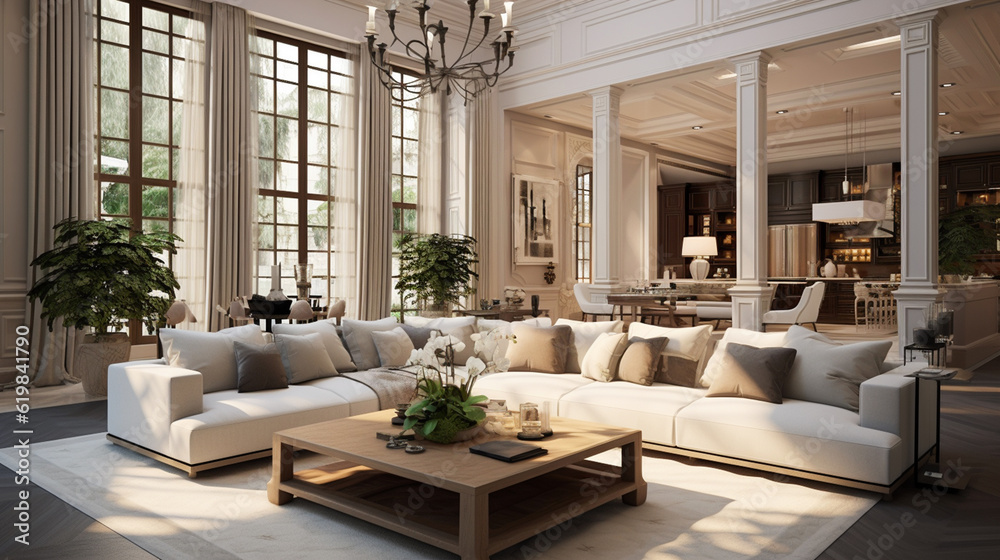 Interior design of luxurious spacious living room with couches, high ceiling, white wall, chandelier, coffee table, big sofa with cushions. Interior design of luxurious spacious living room with couches, high ceiling, white wall, chandelier, coffee table, big sofa with cushions.