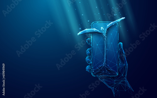 Smartphone in a Hand and Sprout. Abstract Online Smart Farming Concept. Digital Mobile Phone and Growing Seed on Dark Blue Background. Low Poly Wireframe Vector Illustration with 3D Effect.