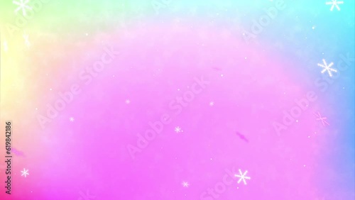虹色のアブストラクト背景と雪の結晶のループパーティクル、下から上へ、4kアニメーション