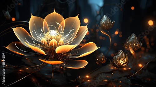 Golden flower on a black background, glass flower, glitter on a dark background