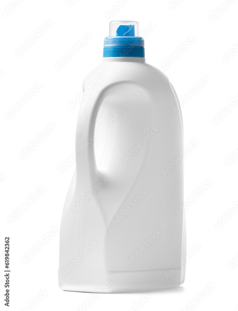 White plastic bottle for liquid detergents, laundry bleaching, fabric softener, isolated on white background. White plastic bottle for liquid detergents, laundry bleaching, fabric softener, isolated on white background.