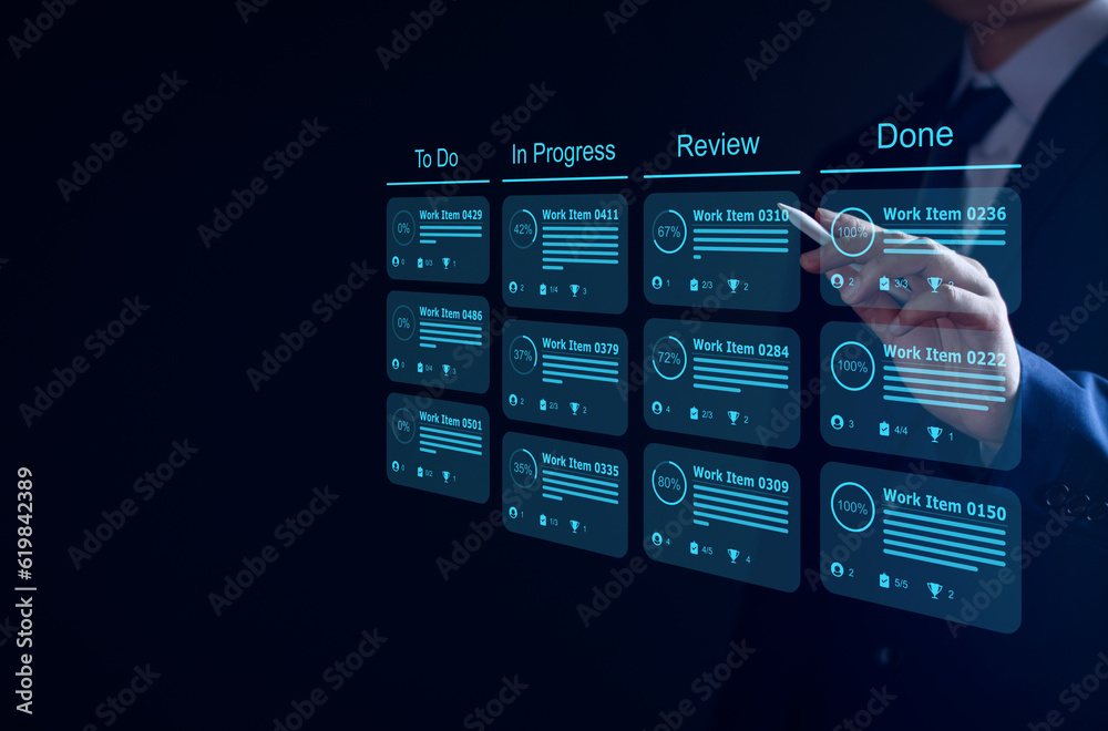 Agile software development or project management using kanban or scrum methodology boards on screen. Process, workflow, visual organisation tools and framework. Developer touching virtual interface. - obrazy, fototapety, plakaty 