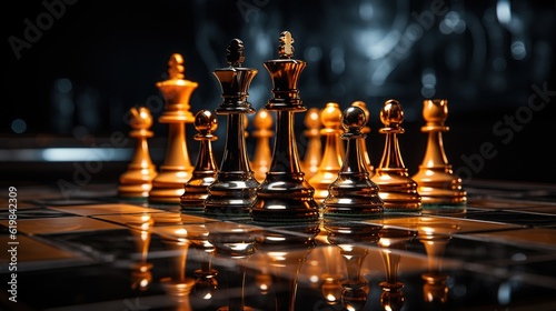 golden chess pieces on a black background.