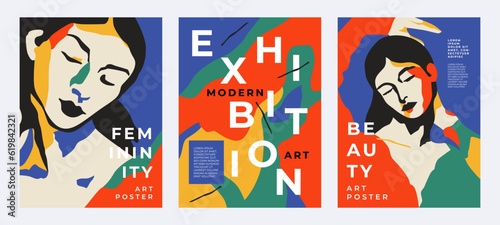 Set of contemporary art posters with portrait of young attractive woman and modern typography. Beauty and femininity concept, modern art exhibition design. Mid century art style trendy illustration