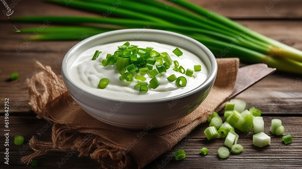 Fresh sour cream in bowl with green onions On a wooden background. Generative AI Fresh sour cream in bowl with green onions On a wooden background. Generative AI