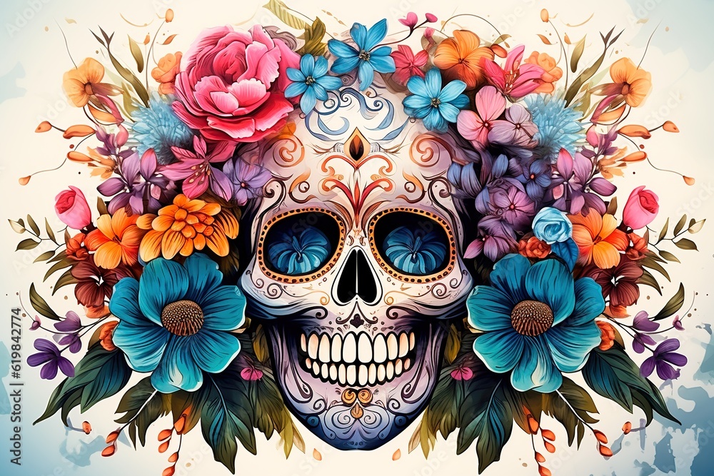 Skull in flowers painted with colorful traditional patterns. Day of the Dead in Latin America. White background. AI generation.