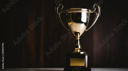 Trophy Stands Proud on a Dark Background, Showcased on a Resolute Wooden Table. Generative AI