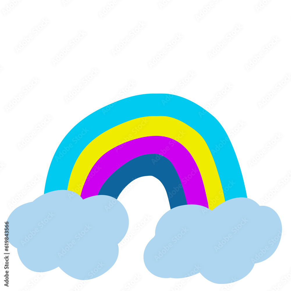 Fototapeta premium Color rainbow with clouds, sky. Vector cartoon illustration isolated on blue. Summer symbol. Sticker transparent background