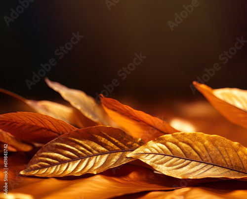 Golden, red, orange leaves background. Fall and autumnal card. Celebration of harvest, autumn, Halloween, season. Copy space.