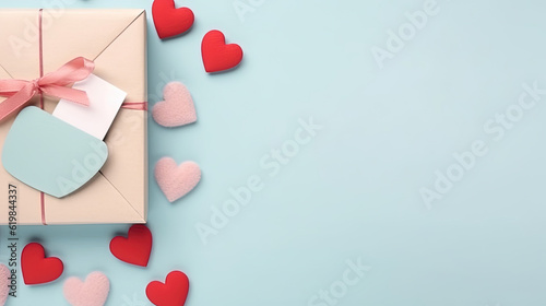 Top view of box, hearts and an envelope with free space for text on a pastel blue background. Mother's day concept. Flat lay, top view. Colored hearts tied together © Absent Satu