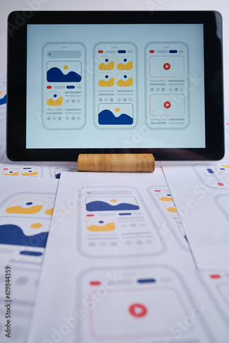 Obraz na płótnie UX mobile application wireframe. Sketch, prototype, framework, layout future app design project. UI/UX - user interface and user experience designer. Creative concept for smartphone. App development 