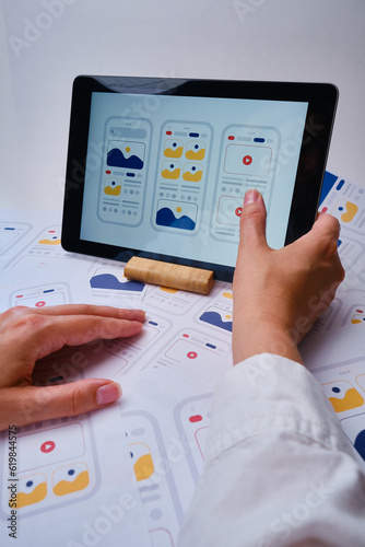 Obraz na płótnie UX mobile application wireframe. Sketch, prototype, framework, layout future app design project. UI/UX - user interface and user experience designer. Creative concept for smartphone. App development 