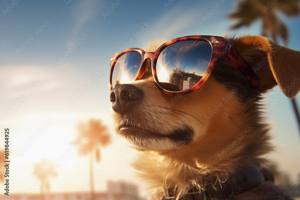 cool dog with sunglasses enjoying summer on the beach