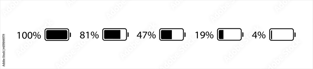 Battery status icon. Phone battery icon set. Mobile battery level in black. Phone charge indicator in black. Stock vector illustration Battery status icon. Phone battery icon set. Mobile battery level in black. Phone charge indicator in black. Stock vector illustration