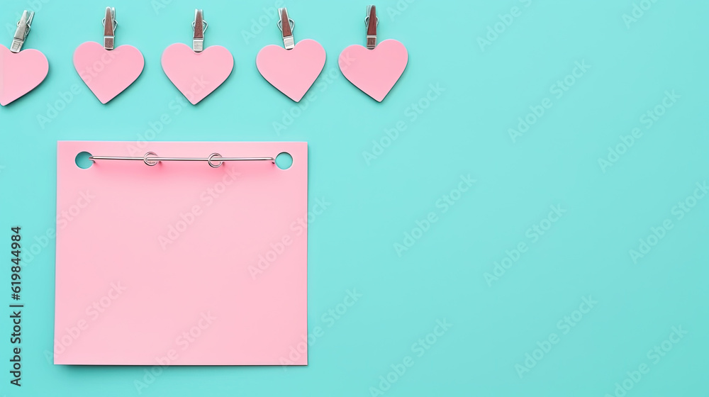 Turquoise sheet of paper with a paper clip and hearts on a pink background. Valentine concept. Minimalism