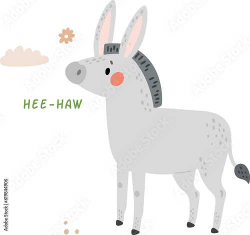 Donkey saying hee-haw. Cute farm animal talking photo
